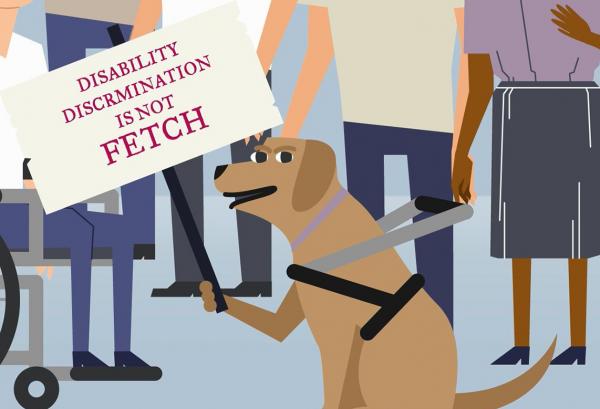 Cartoon guide dog with sign 'disability discrimination is not fetch'