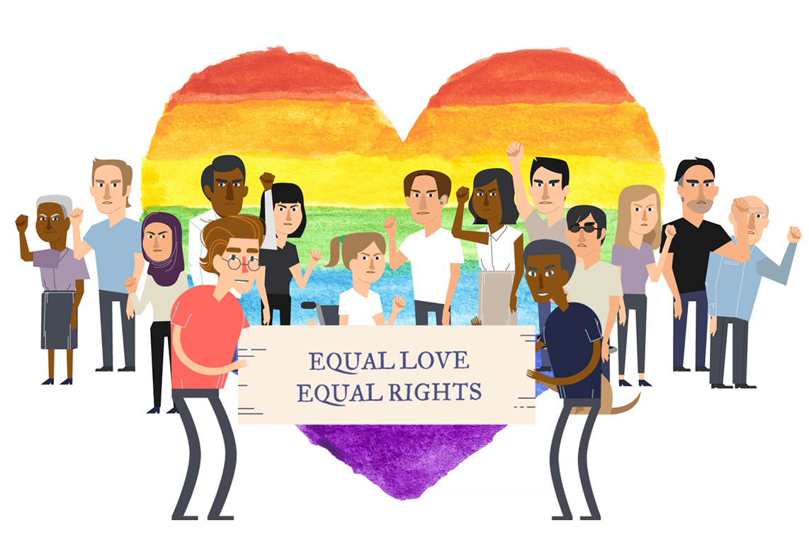 Cartoon of people celebrating with sign 'Equal Love, Equal Rights'