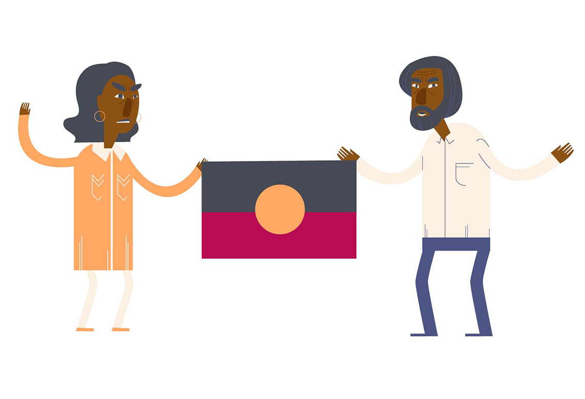 Two Aboriginal protestors holding the Aboriginal flag