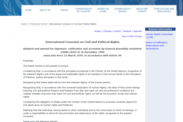 Weblink – International Covenant on Civil and Political Rights 