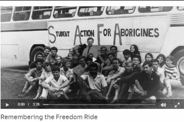 Protestors in front of bus "Student Action For Aborigines"